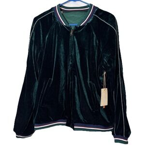 NWT Skies Are Blue Velvet Bomber Jacket Womens Small Green Zip Ribbed Trim